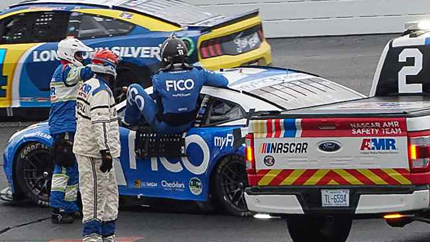 Kyle Busch crash USA Today 301 under caution wet track