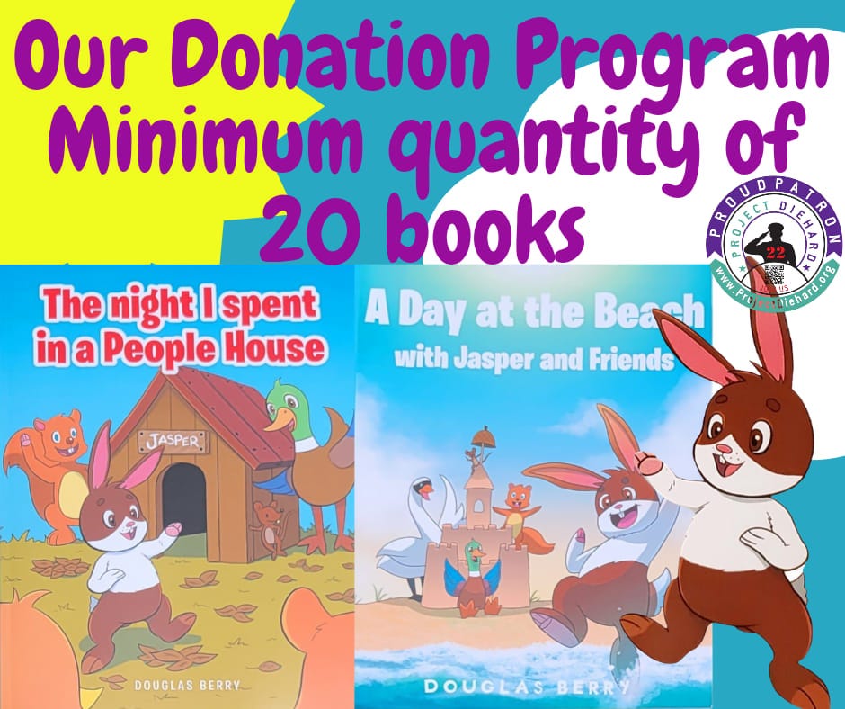 May be a graphic of text that says 'Our Donation Program Minimum quantity of 20 books A The night I spent A Day at the Beach in a People House with Jasper and Friends H A A সয় JASPER DOUGLAS BERRY DOUGLAS BERR'