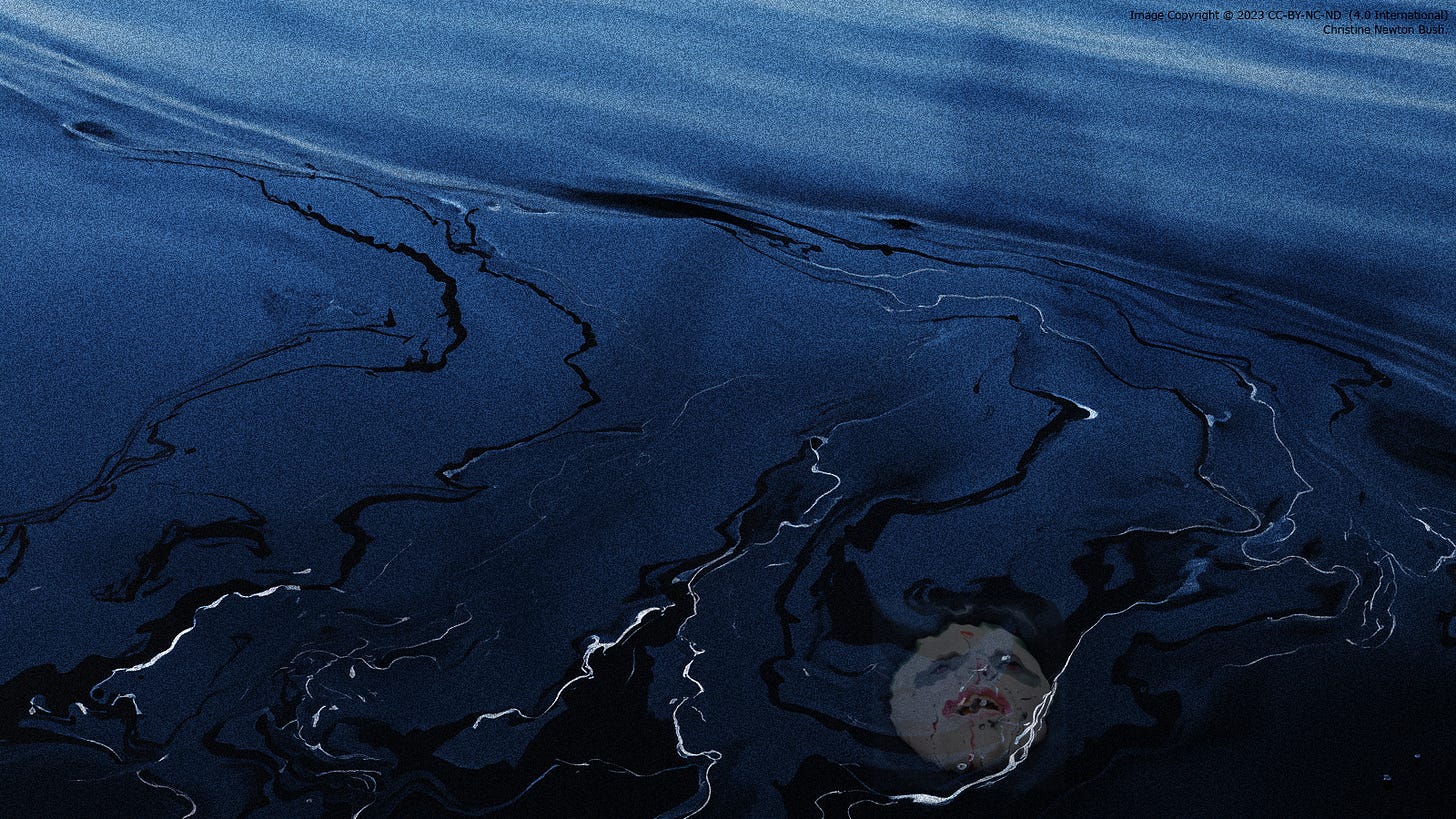 Color composite of an oil slick on the surface of azure water with a haunted face rising from the depths.