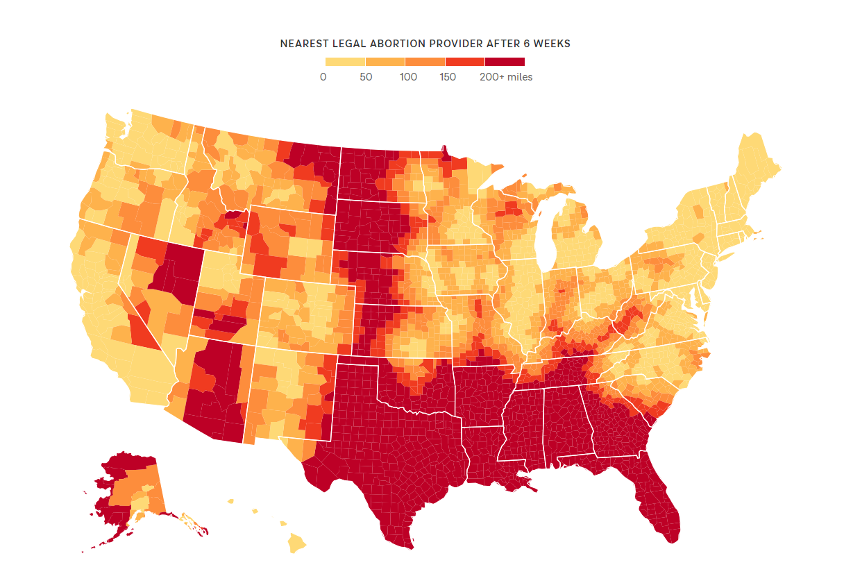 Map of US showing distance women must travel for abortion care with varied colors