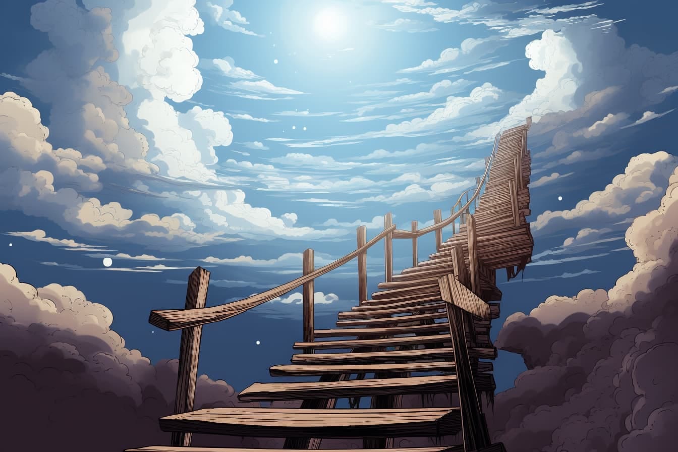 graphic novel illustration of a staircase leading to nowhere in the sky