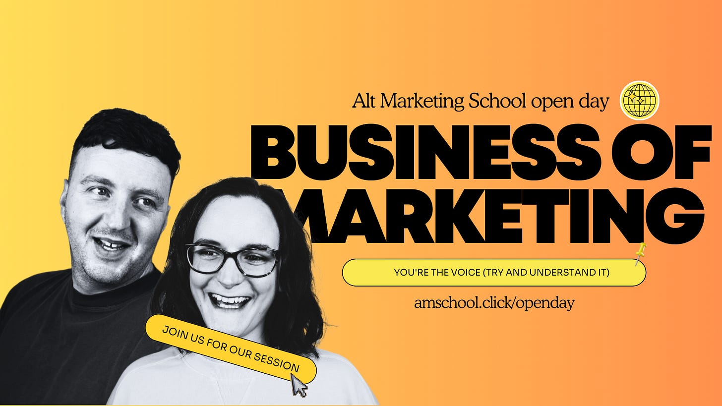 A yellow and orange background with Mel and Ben in black and white and Business of Marketing in bold black text. Underneath the name of the talk is "you're the voice try and understand it"