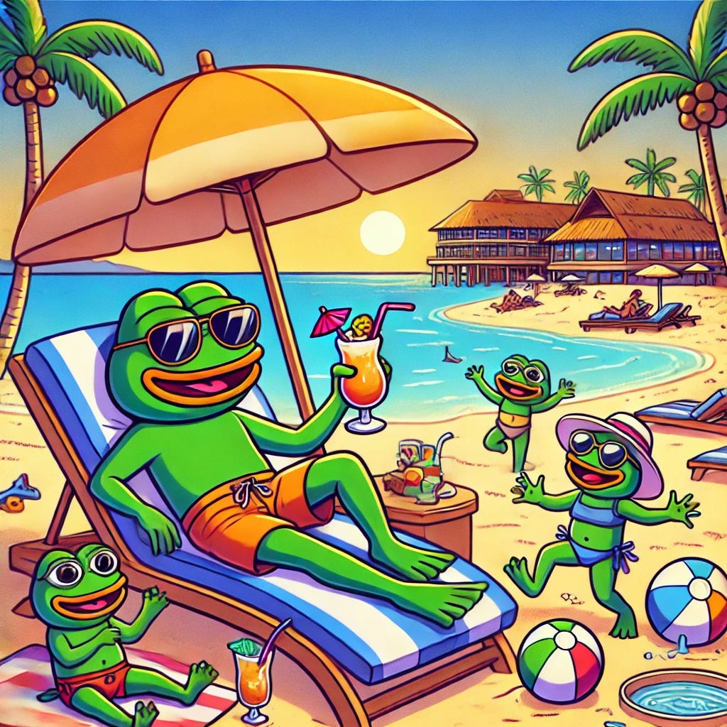 Pepe the Frog is depicted in a cartoon style, now enjoying a luxurious life at a beach resort with his family. He is sitting comfortably on a beach lounge chair under an umbrella, wearing sunglasses and holding a tropical drink with a tiny umbrella. His family, including a female frog and two little frogs, are playing happily nearby in the sand and splashing in the ocean. The resort is luxurious, with palm trees, clear blue water, and a sunset in the background. There are beach toys scattered around, and everyone has a joyful expression, showing that they are carefree and enjoying their time together.