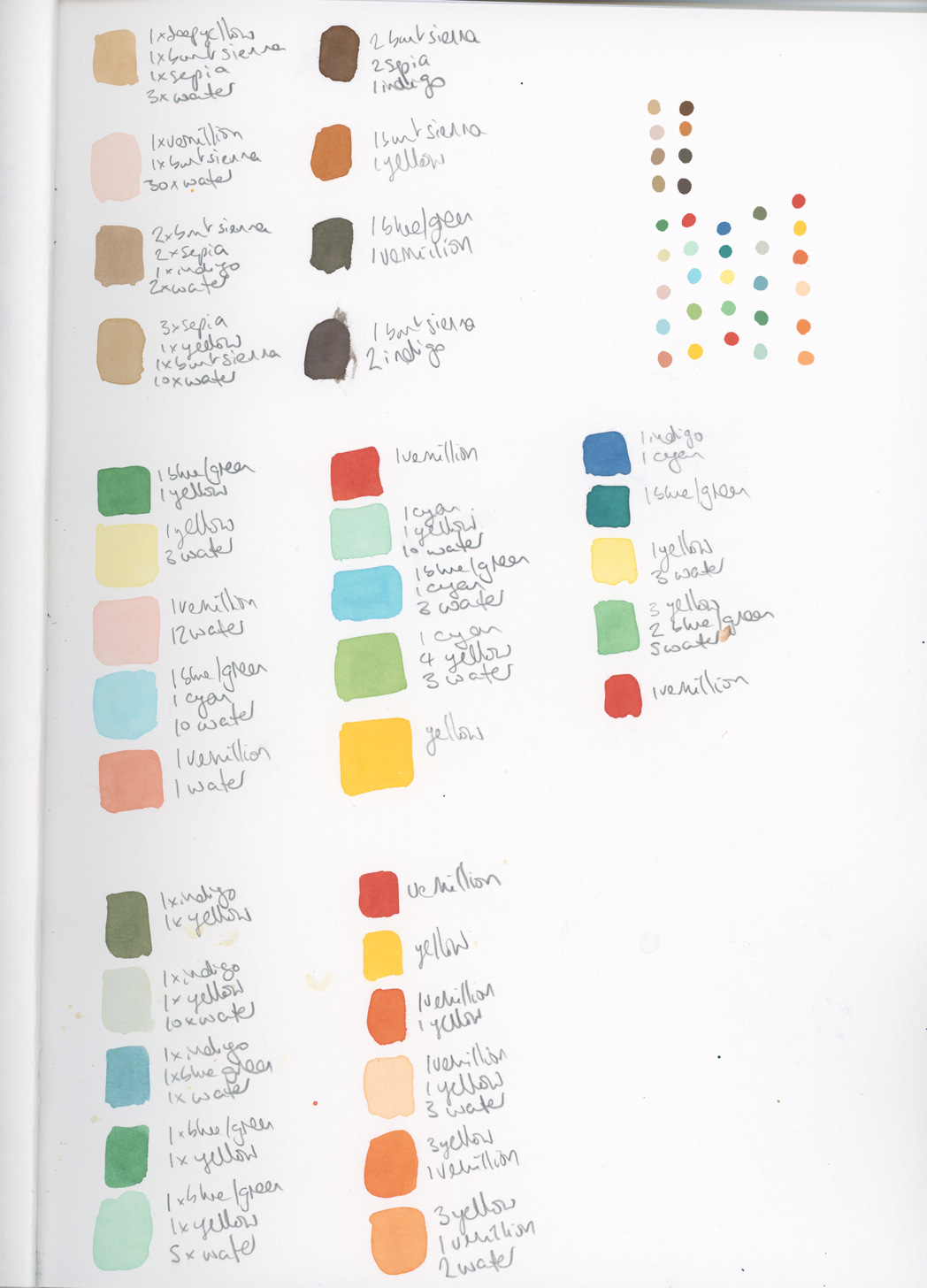 a sketchbook page showing squares of colour mixed from a limited range of paint colours