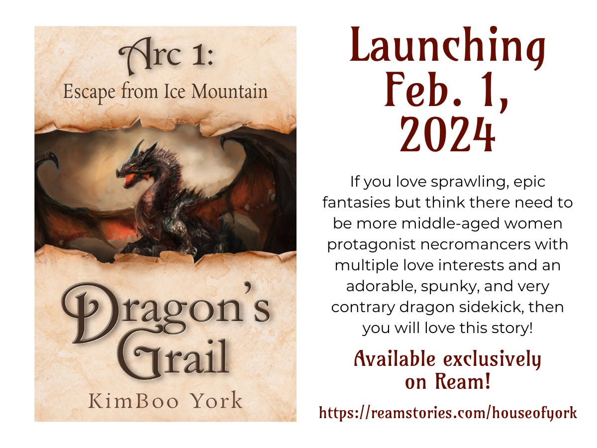 Dragon's Grail cover plus text: If you love sprawling, epic fantasies but think there need to be more middle-aged women protagonist necromancers with multiple love interests and an adorable, spunky, and very contrary dragon sidekick, then you will love this story!