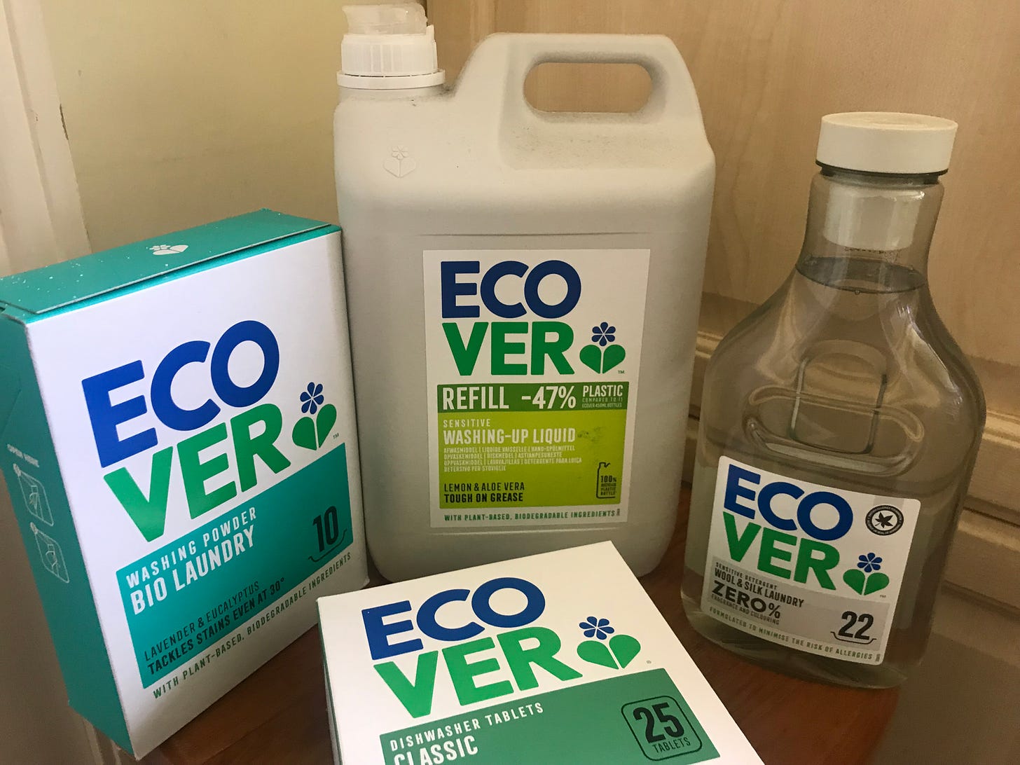 A selection of EcoVer products I've been trying out: Bio Laundry powder, delicates laundry liquid detergent, dishwashing tablets and washing-up liquid; brand packaging white background and blue E.C.O., green V.E.R. plus green/blue/grey/black colour schemes.