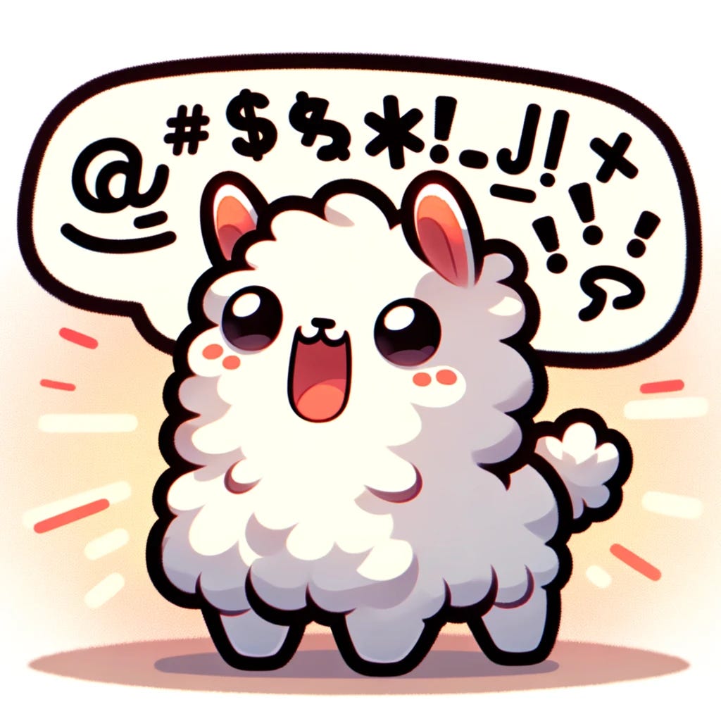 A cartoon-style tiny llama talking gibberish, using comic symbols '@$%%#_)!.><' to represent its speech. The llama is depicted in a playful and whimsical manner, very small with an exaggerated facial expression of excitement and its mouth open as if speaking animatedly. The background is simple and colorful, enhancing the fun and lighthearted vibe of the image.