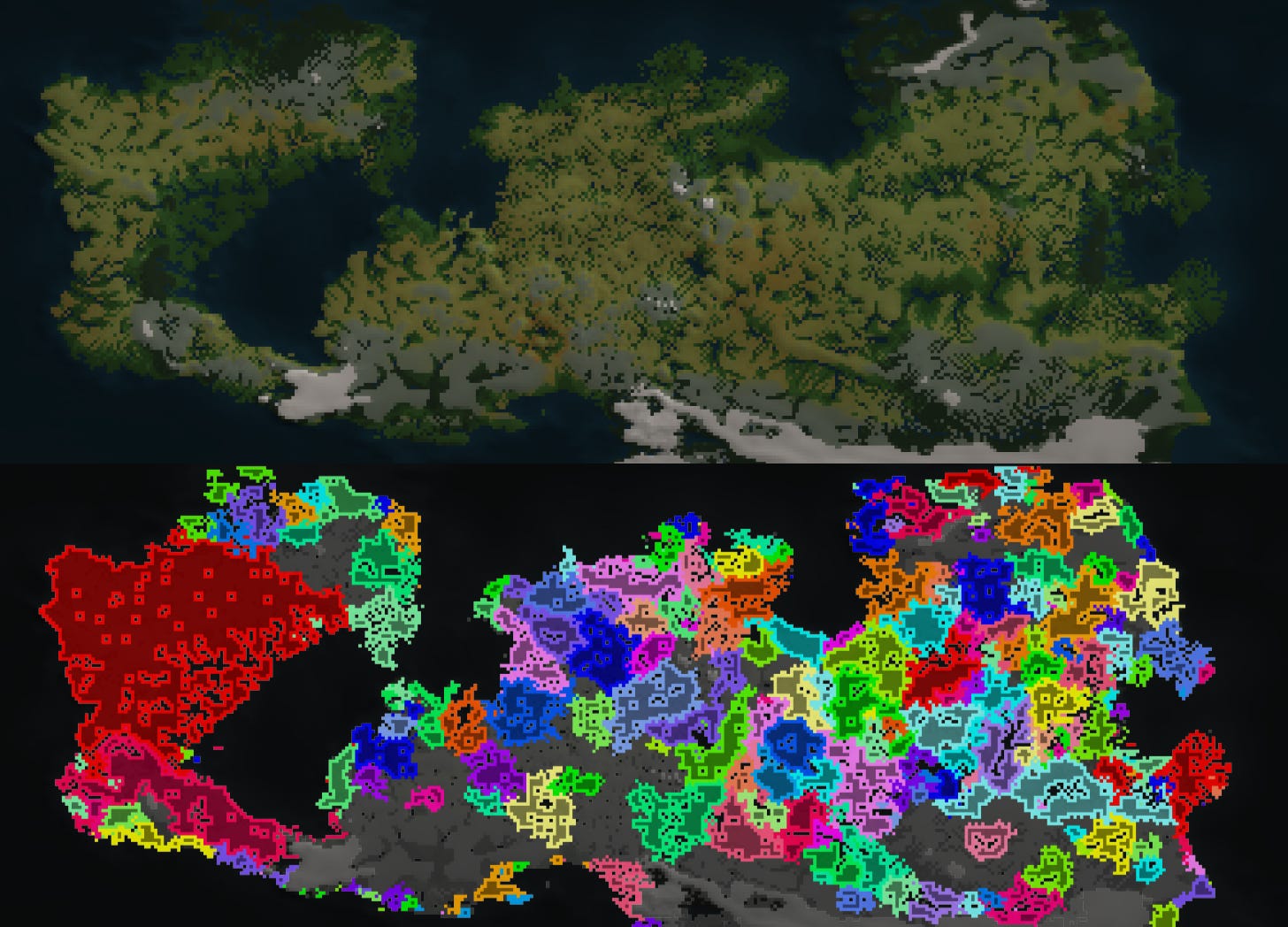 Two pixel maps of a fictional planet. One is geographical, the other is a map of its polities.