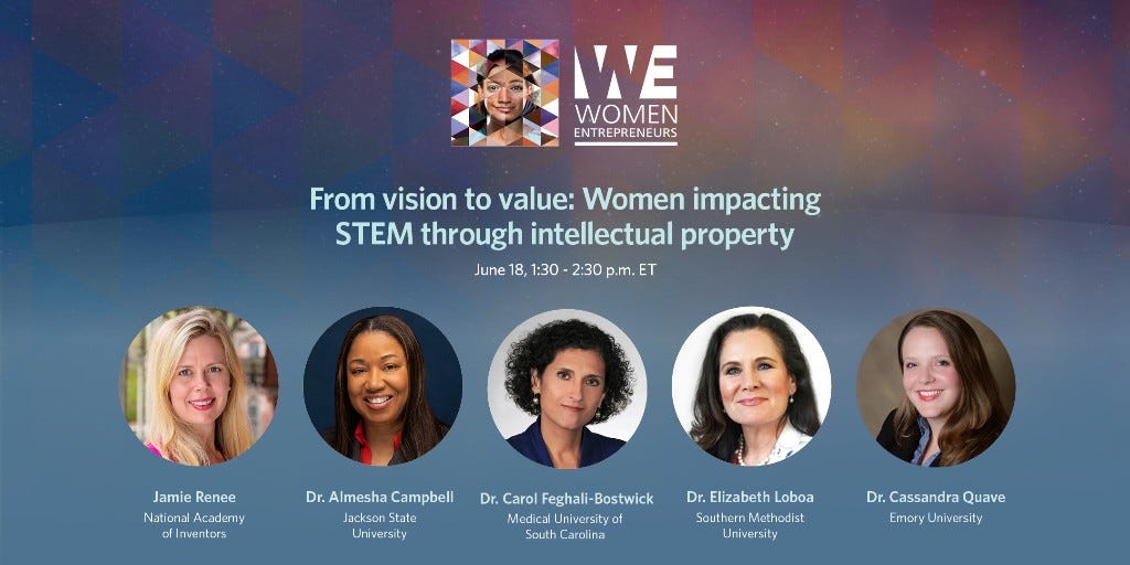 Flyer for Women’s Entrepreneurship program pane, "From vision to value: Women impacting STEM through intellectual property," featuring headshots of five panelists, including Emory professor Cassandra Quave. 
