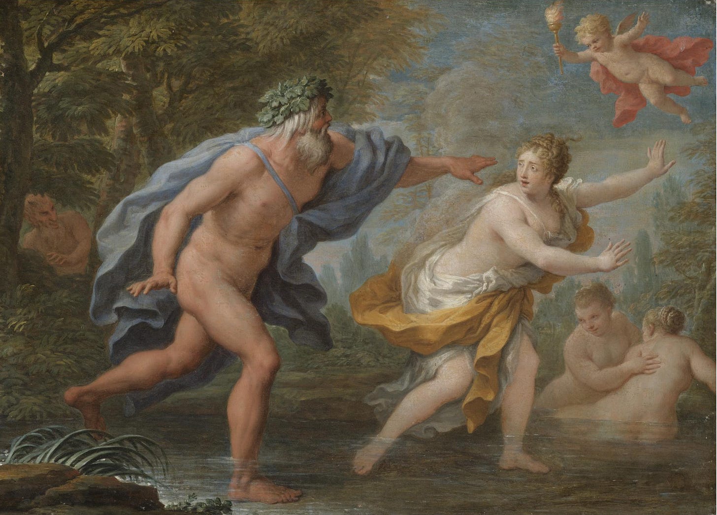 A naked old man crowned with a wreath chases a woman in a toga, both are standing in ankle-deep water. The devil looks on from the distance and two other nude women are bathing in the water in the background