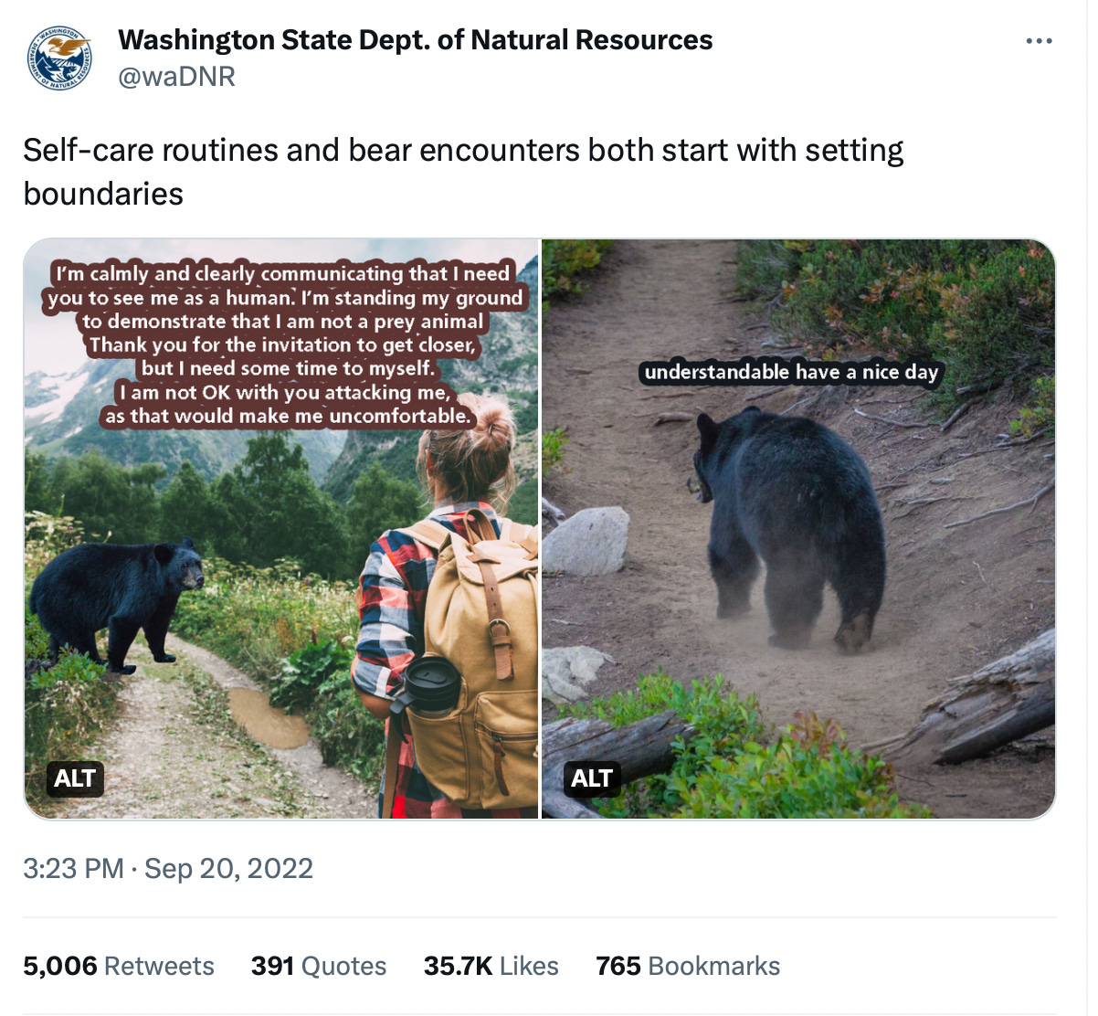 tweet from Washington State Dept of Natural Resources on bear encounters