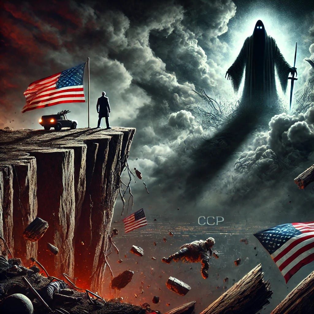 An intense scene of a cliff's edge with a lone figure holding an American flag, overlooking a dark abyss filled with rubble, fallen American flags, and shadowy figures. A ghostly, ominous figure with glowing eyes, representing the CCP threat, stands in the background, casting a dark shadow over the landscape.