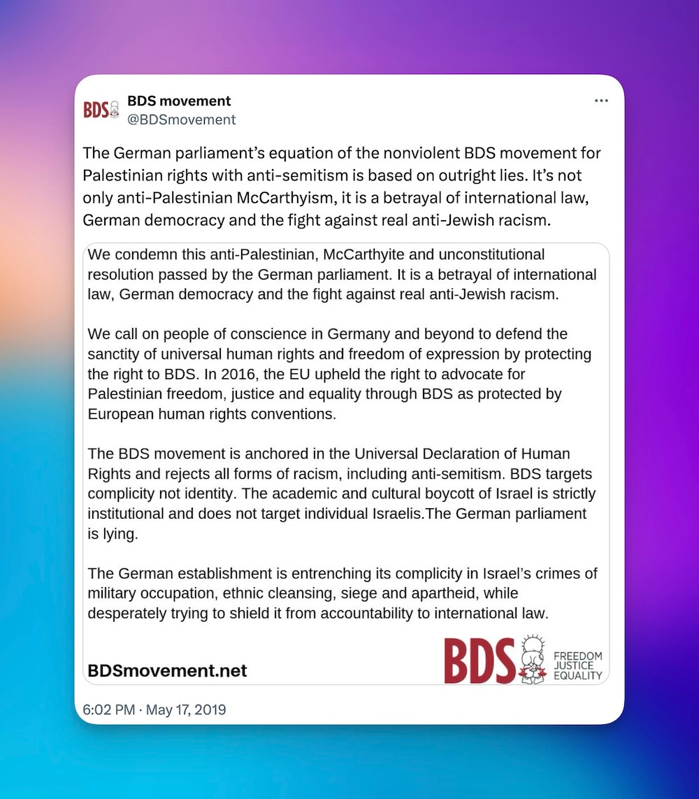 BDS movement, X (formerly Twitter), 2019