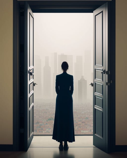 Woman standing between two open wooden doors preparing to step into a foggy city