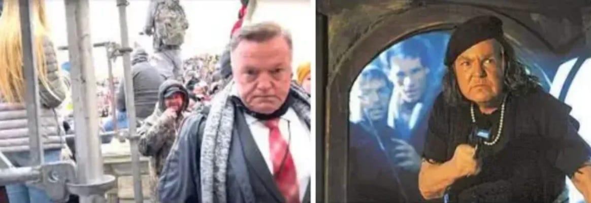 image of AZ state senator Kern (R) taking part in the January 6 insurrection, next to image of Mama Fratelli from the Goonies