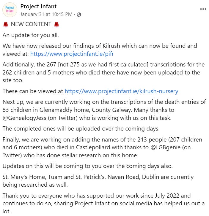 Screengrab of a social media post on Project Infant's Facebook page.