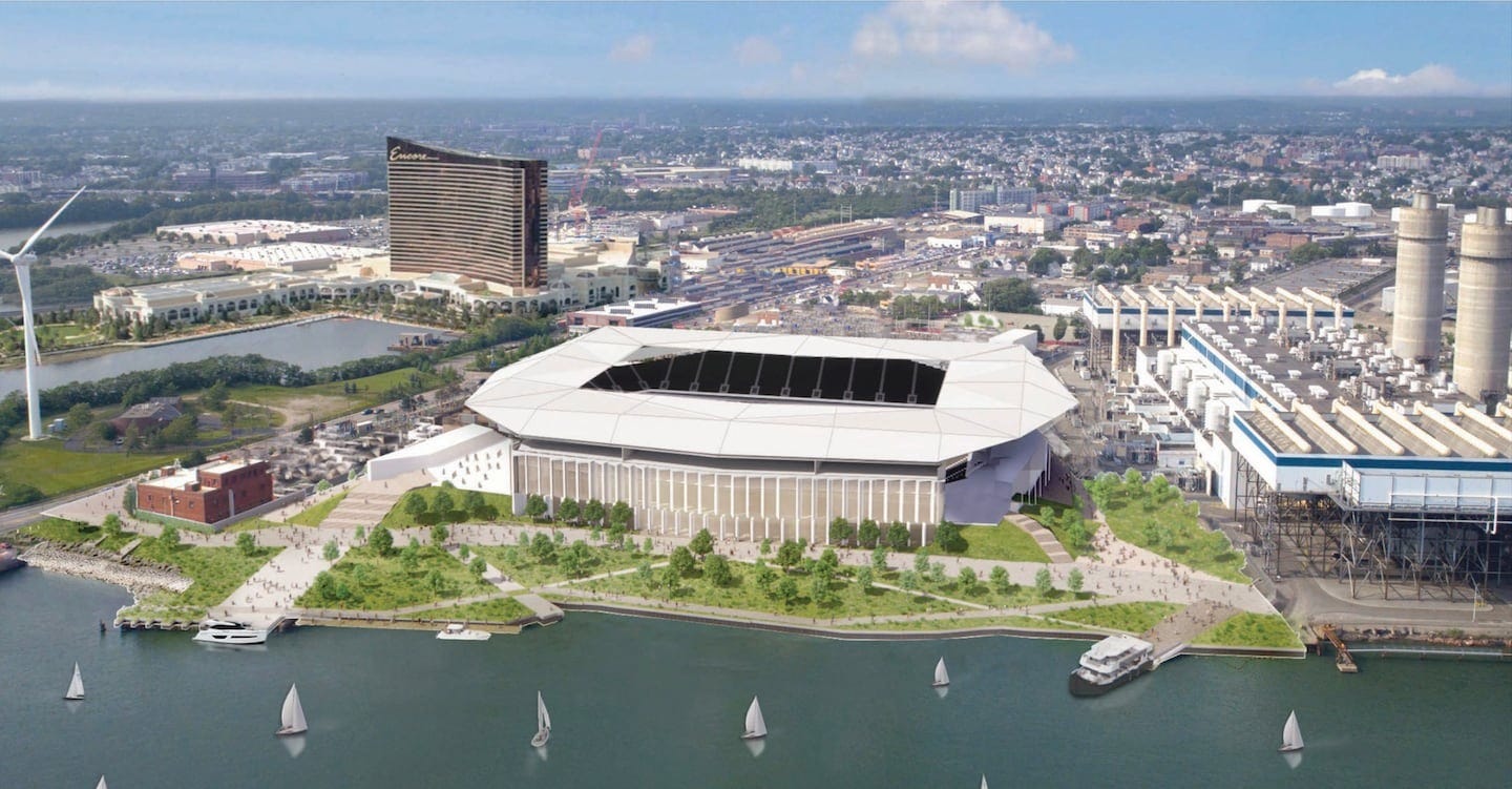 A rendering of the proposed soccer stadium along the Mystic River in Everett.