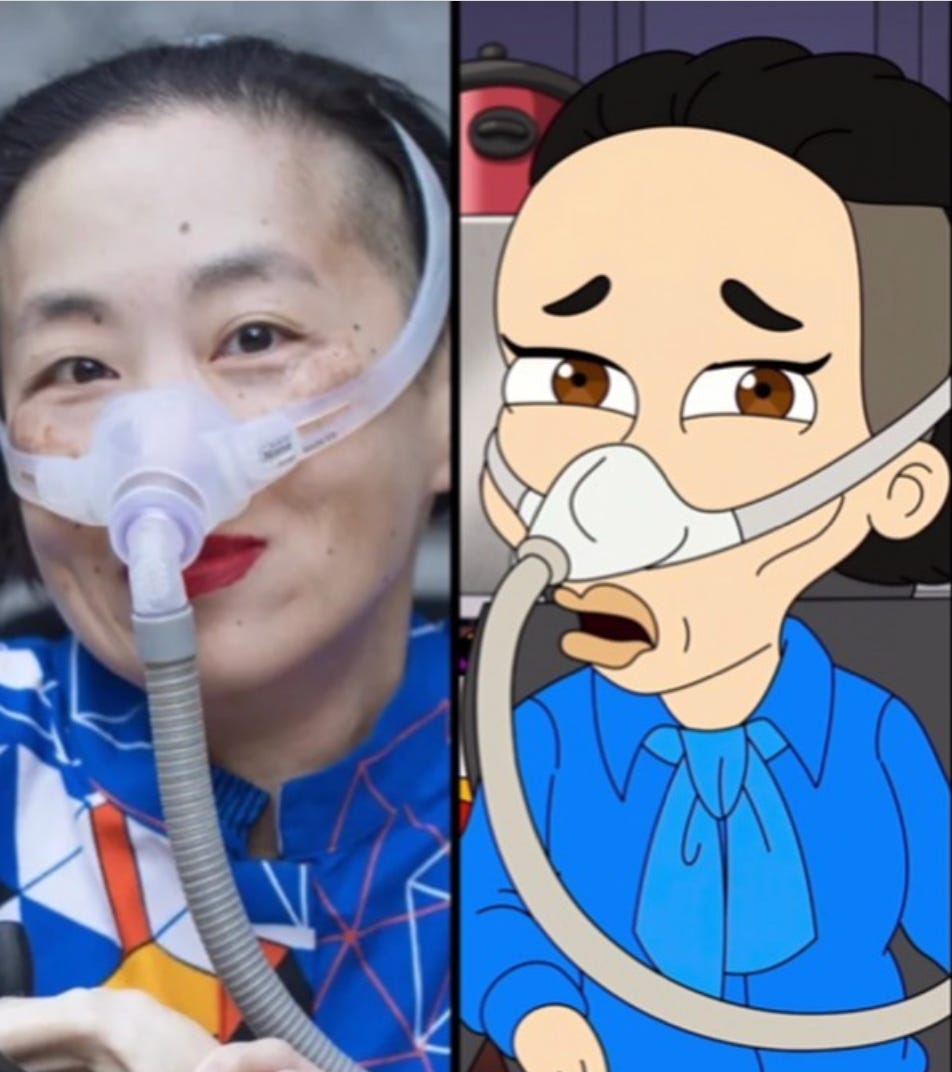 Side by side images of Alice Wong. On the left, she is wearing a BiPap mask and a bright lip color. She is wearing a blue shirt with a geometric pattern. On the right is an animated version of Alice