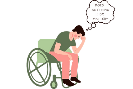 A cartoon drawing of a short haired person with pale skin and dark hair sitting in a green wheelchair. They're wearing a dark green shirt, pink pants, and dark shoes. They look tired and sad, and their head is resting against their hand. They have a comic-book style thought bubble above their head that says "Does anything I do matter?"