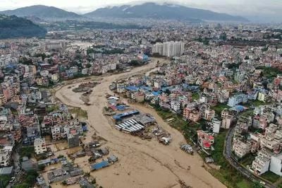 A drone view shows the aftermath of the flood in Nakkhu area in the southern parts of Kathmandu Valley. Photo: GOPEN RAI