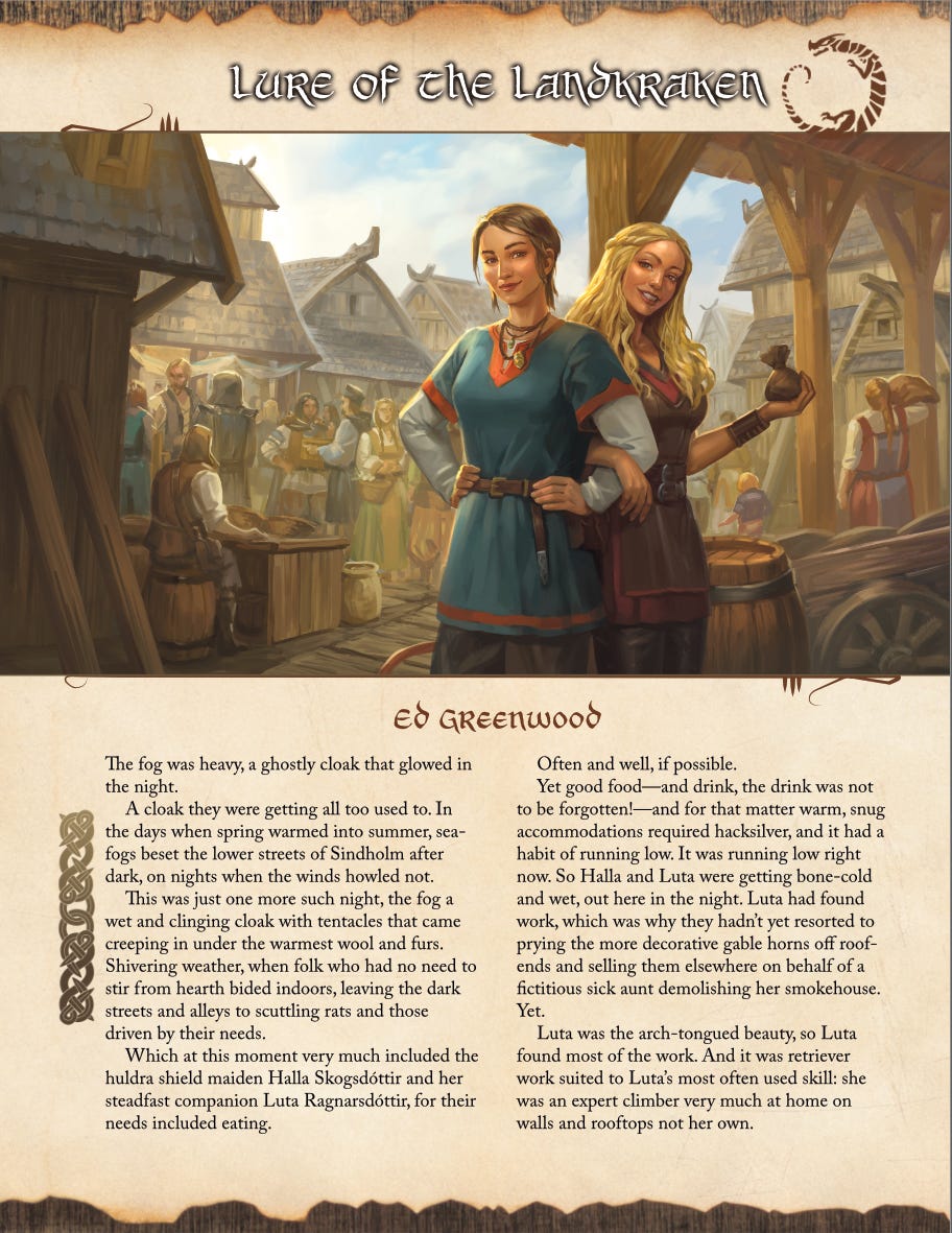 Two women, one with a tail and holding a coin purse, on a Norse-style crowded city street.