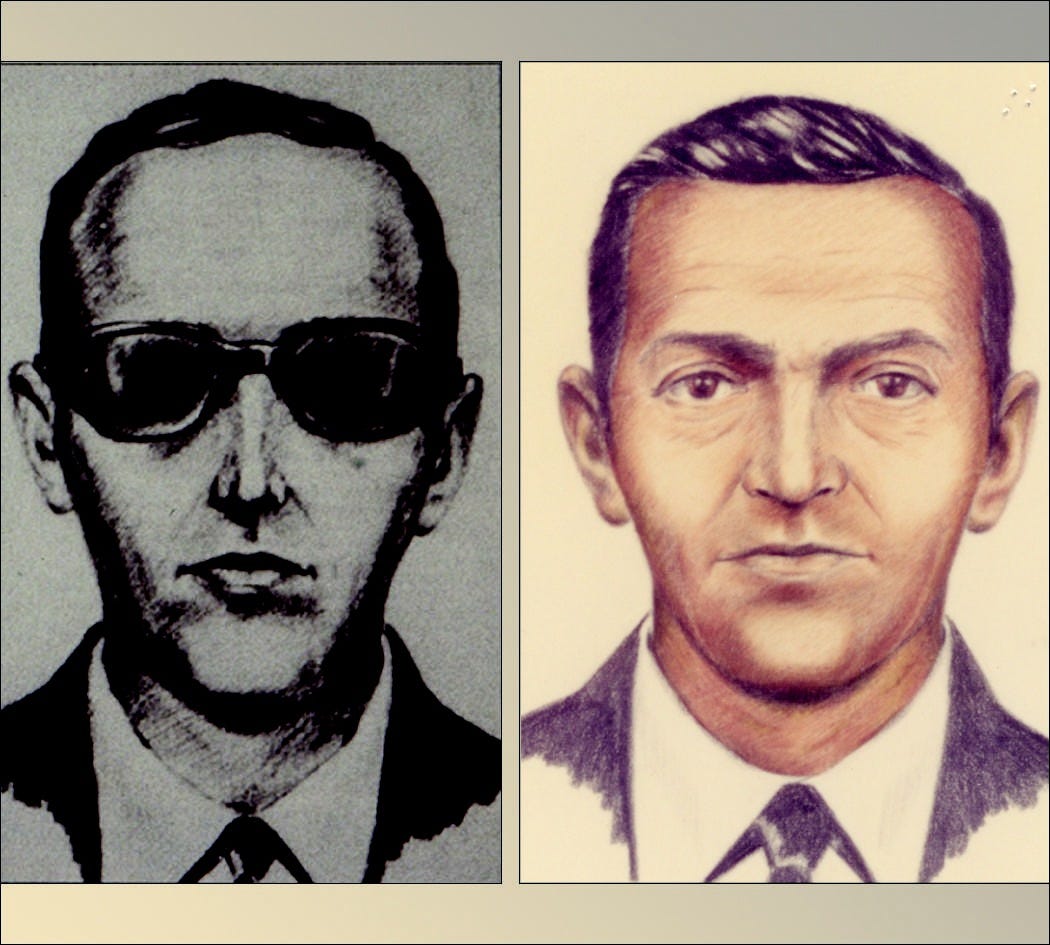 Two sketches of DB cooper, one black and white and one color. They appear to be a middle aged man with slightly receding hairline, cleanshaven. He is wearing a suit and in one image, black sunglasses.