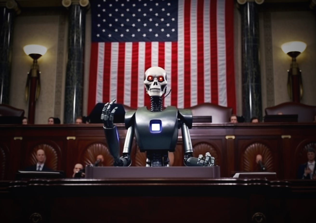Shiny metal robot with skull face addresses US Congress