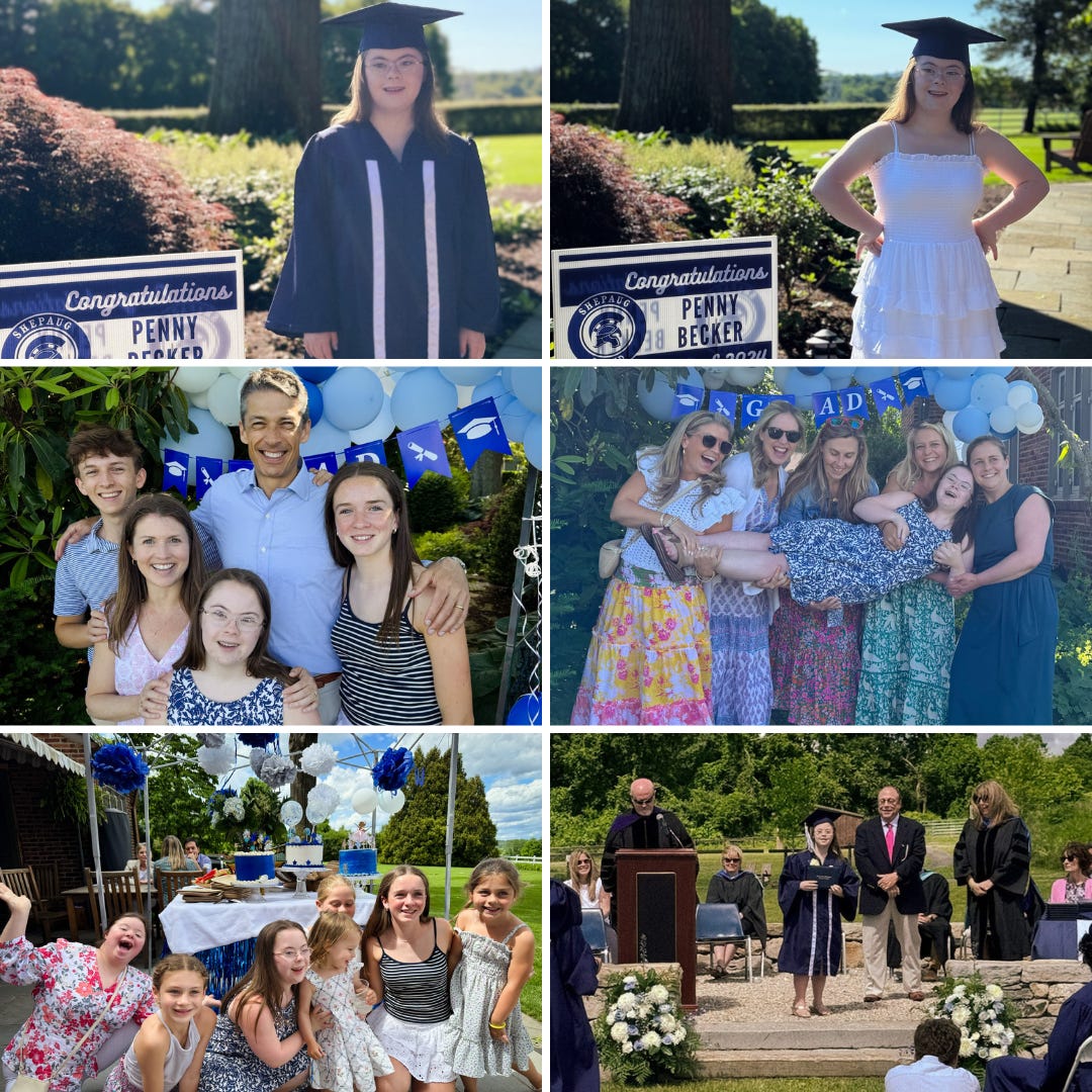 collage of photos of Penny wearing her cap and gown at graduation and photos of her grad party
