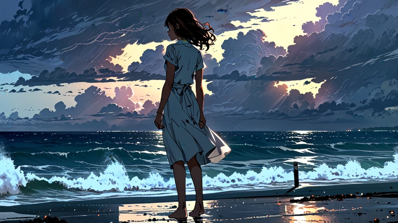Mujer contemplando el mar embravecido bajo un cielo tormentoso, con lluvia intensa. La escena refleja soledad y resiliencia