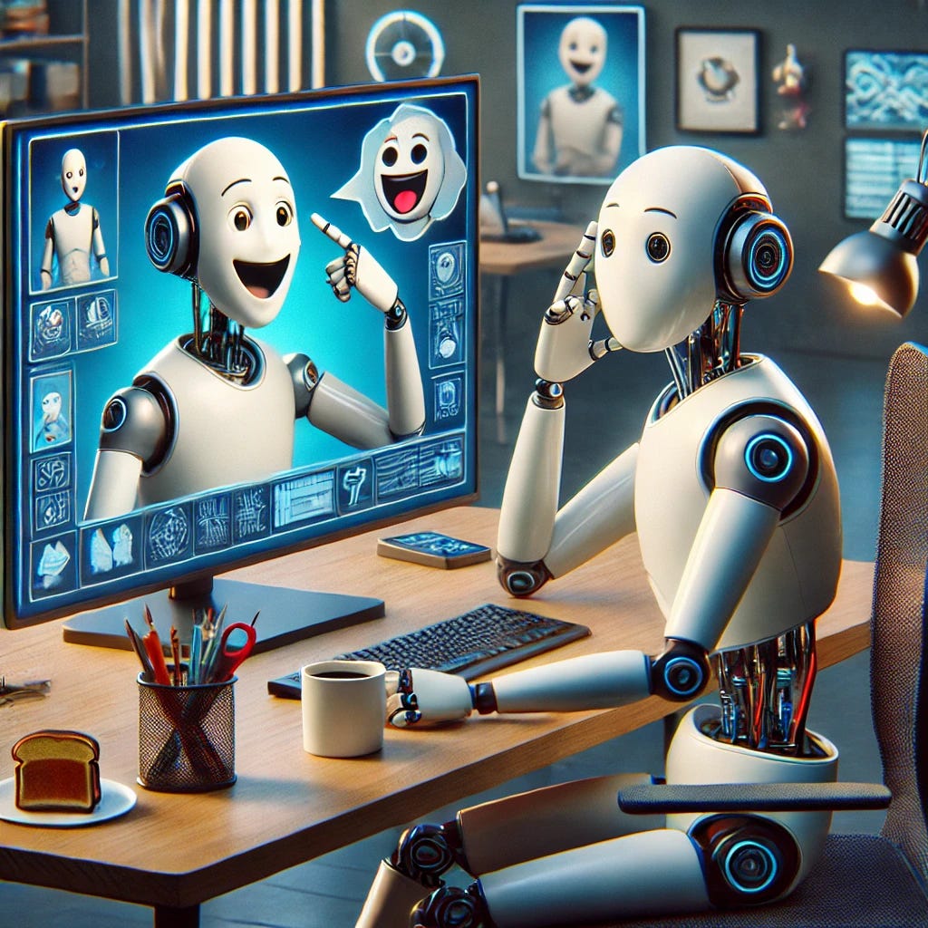 A scene showing an AI robot in a slightly comedic and ironic setting. The AI robot is sitting at a desk, working on a screen that displays another AI, mimicking or parodying itself. The screen AI is exaggerated, humorously imitating human expressions or gestures, while the desk AI looks puzzled, as if not understanding why it's being parodied. In the background, elements of technology and modernity blend with subtle touches of irony, such as futuristic gadgets doing trivial, pointless tasks like making toast or folding paper. The setting should be sleek and modern, with a touch of lightheartedness and irony woven throughout.