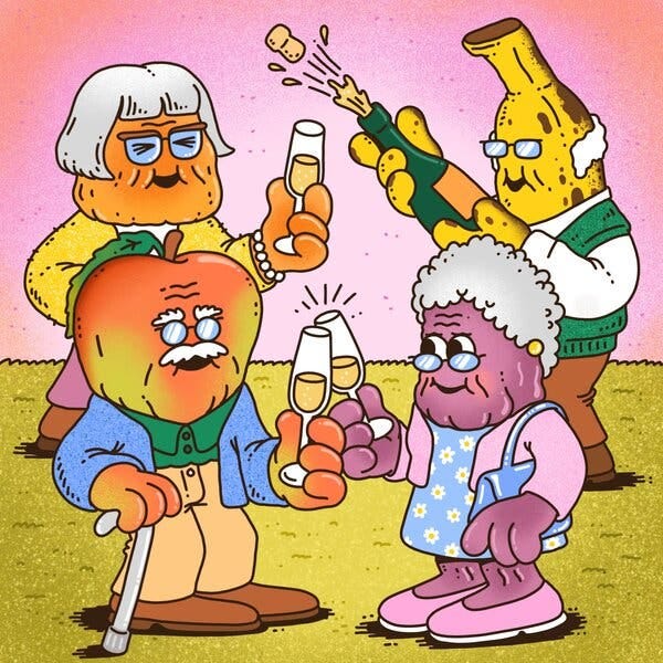 A cartoon-style illustration of aging fruit, including a wrinkled apple and a browning banana, dressed in human clothes to look like a group of elderly people. They’re clinking glasses and popping a bottle of champagne.