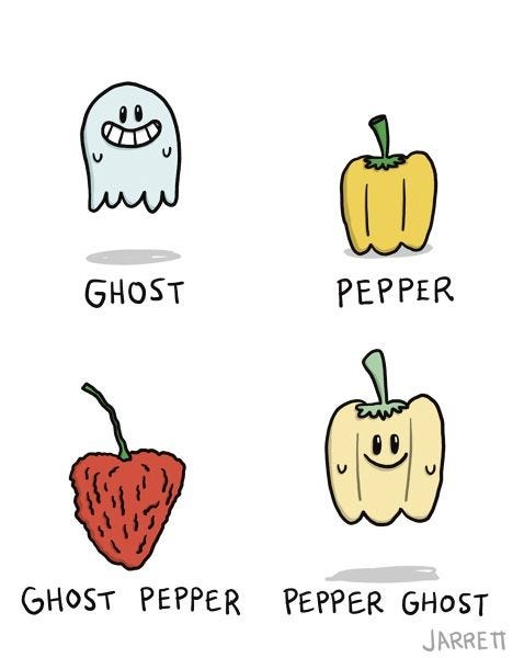 The panel shows a ghost, a pepper, a ghost pepper, and a pepper ghost!"