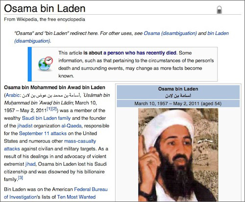 Osama bin Laden, finally dead (on Wikipedia)