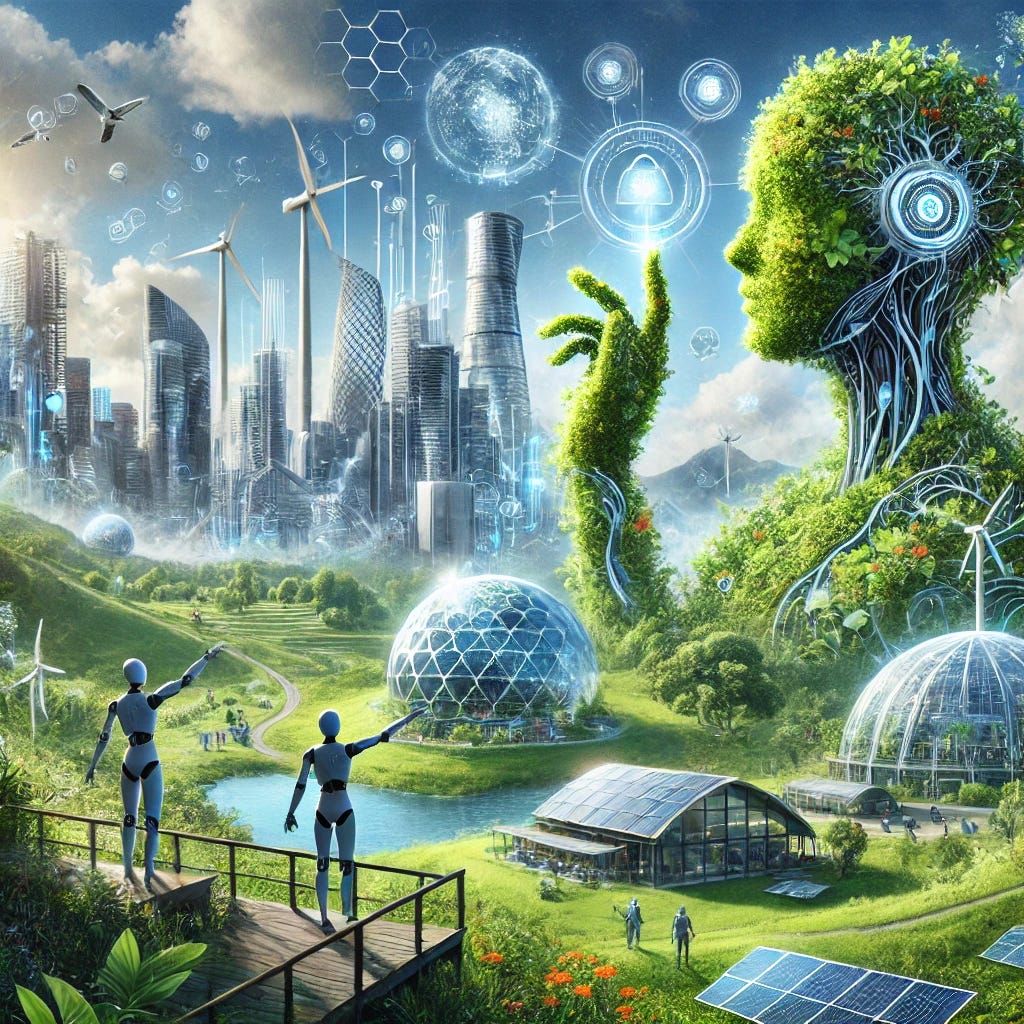 A futuristic society in harmony with nature, showcasing a blend of advanced technology and natural ecosystems. In the foreground, humans and AI collaborate in a sustainable environment filled with biomimicry-inspired architecture. The background features lush greenery intertwined with gleaming futuristic buildings, symbolizing the integration of human innovation and nature's logic. The atmosphere radiates balance and harmony, with clear skies and renewable energy sources like wind turbines and solar panels.