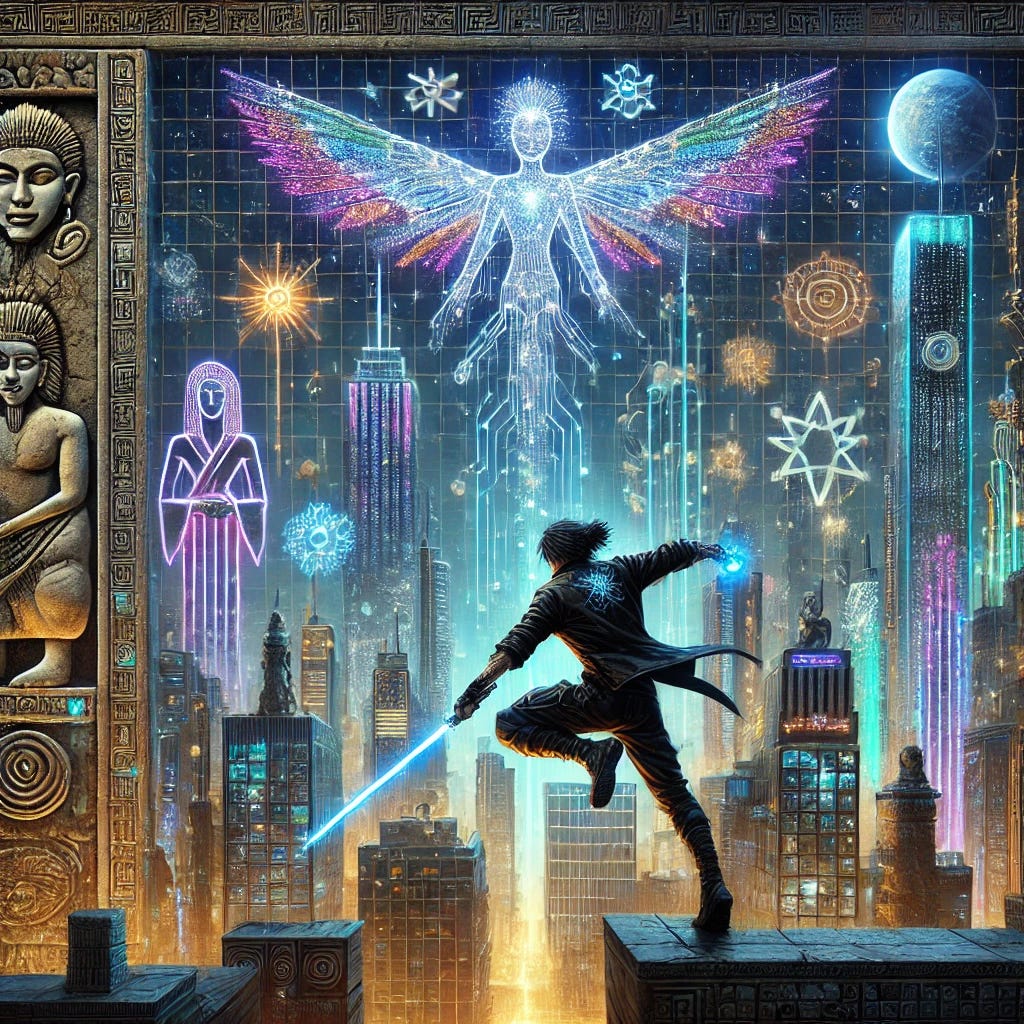 Revised futuristic digital cityscape inspired by Neal Stephenson's 'Snow Crash'. The scene is dominated by diverse neon-lit skyscrapers and high-tech visuals. Hiro Protagonist is dynamically posed in the foreground, viewed from behind, dressed in black leather, wielding a glowing katana. Above, the Metaverse is depicted as a network of data streams and virtual avatars, blending digital code with celestial themes, and integrating ancient symbols. The artwork includes subtle Sumerian and Assyrian art influences on building facades and modern structures with bas-reliefs of deities, adorned with elaborate feathered wings, tiered headdresses, and traditional tasseled skirts, holding symbolic objects. The background mimics ancient stone, enhancing depth and texture, with a palette of diverse neon colors.