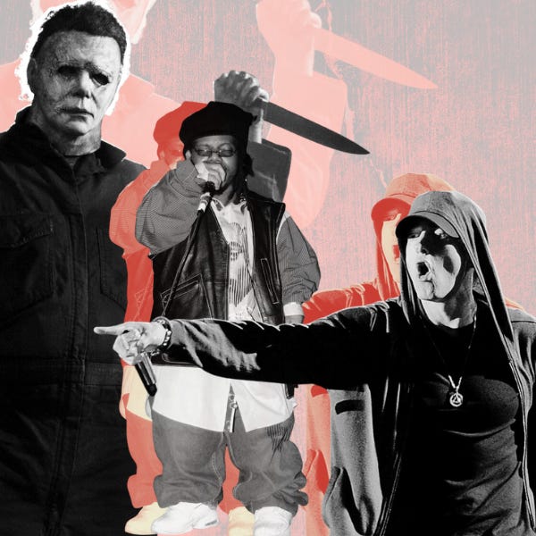 A collage against a bloody red background. The people on the collage are Michael Meyers, weilding a knife, rapper Bushwick Bill, who is rapping into a microphone, wearing a hat and a leather vest, and Eminem, who is pointing across the frame and has his mouth open mid-rap.