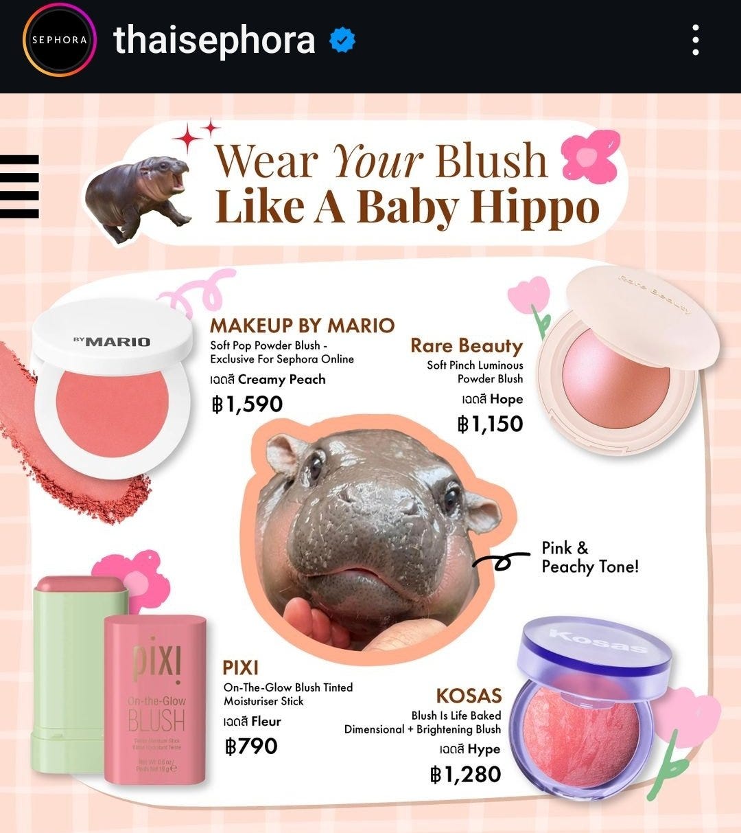 An ad for multiple types of blush suggesting you wear your blush like a baby hippo, with a picture of Moo Deng with pink cheeks