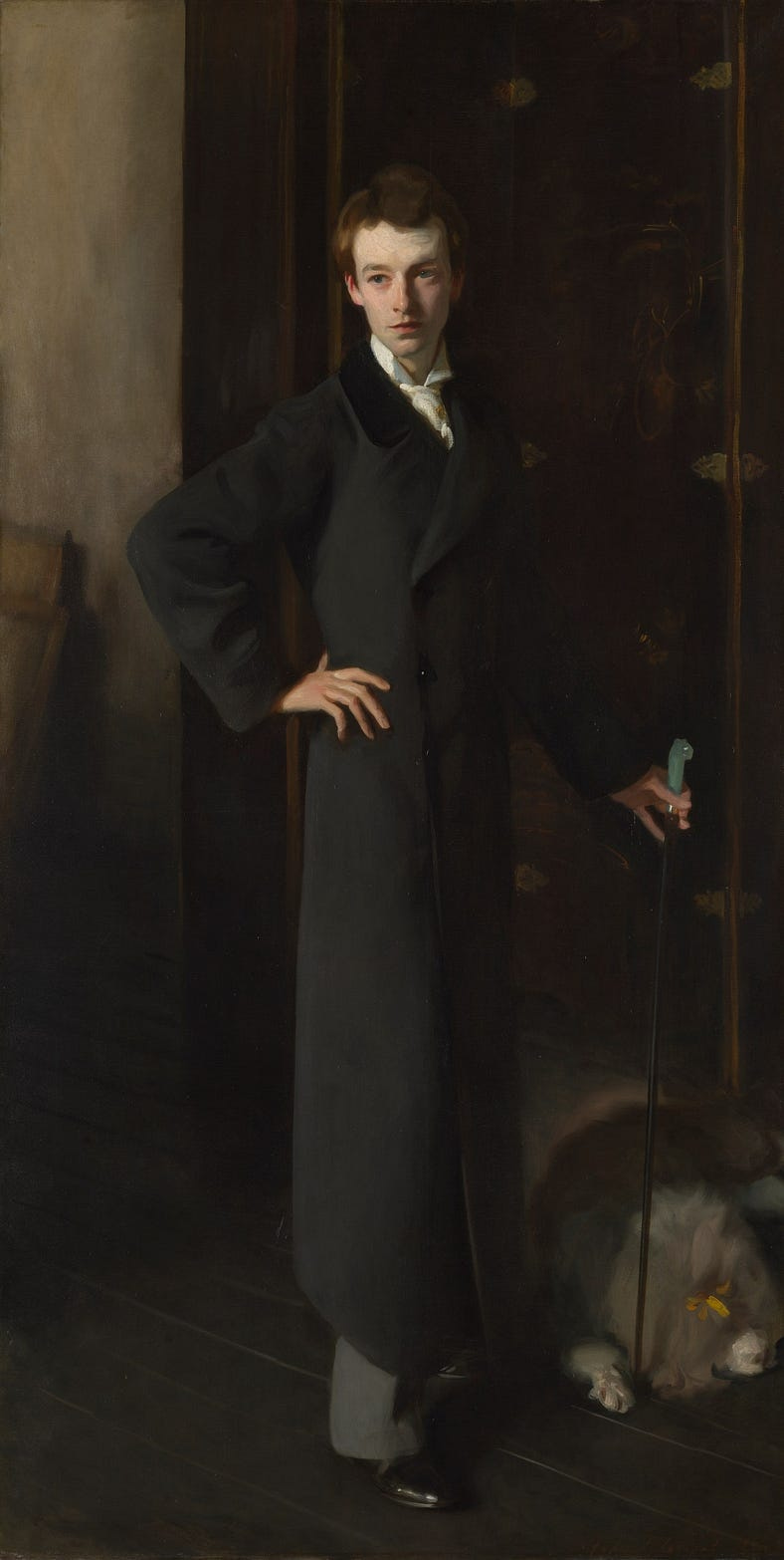W. Graham Robertson (1894), with hints of dandyism creeping through — such as jade handled cane and comically fluffy dog nearby.