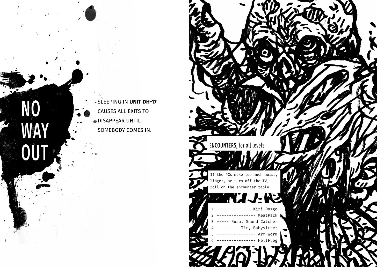 A two-page spread. On the left page, the words NO WAY OUT are framed by an ink splatter. On the right hand page, there is a messy ink illustration of a fleshy horror and a table listing things players might encounter in the dungeon.