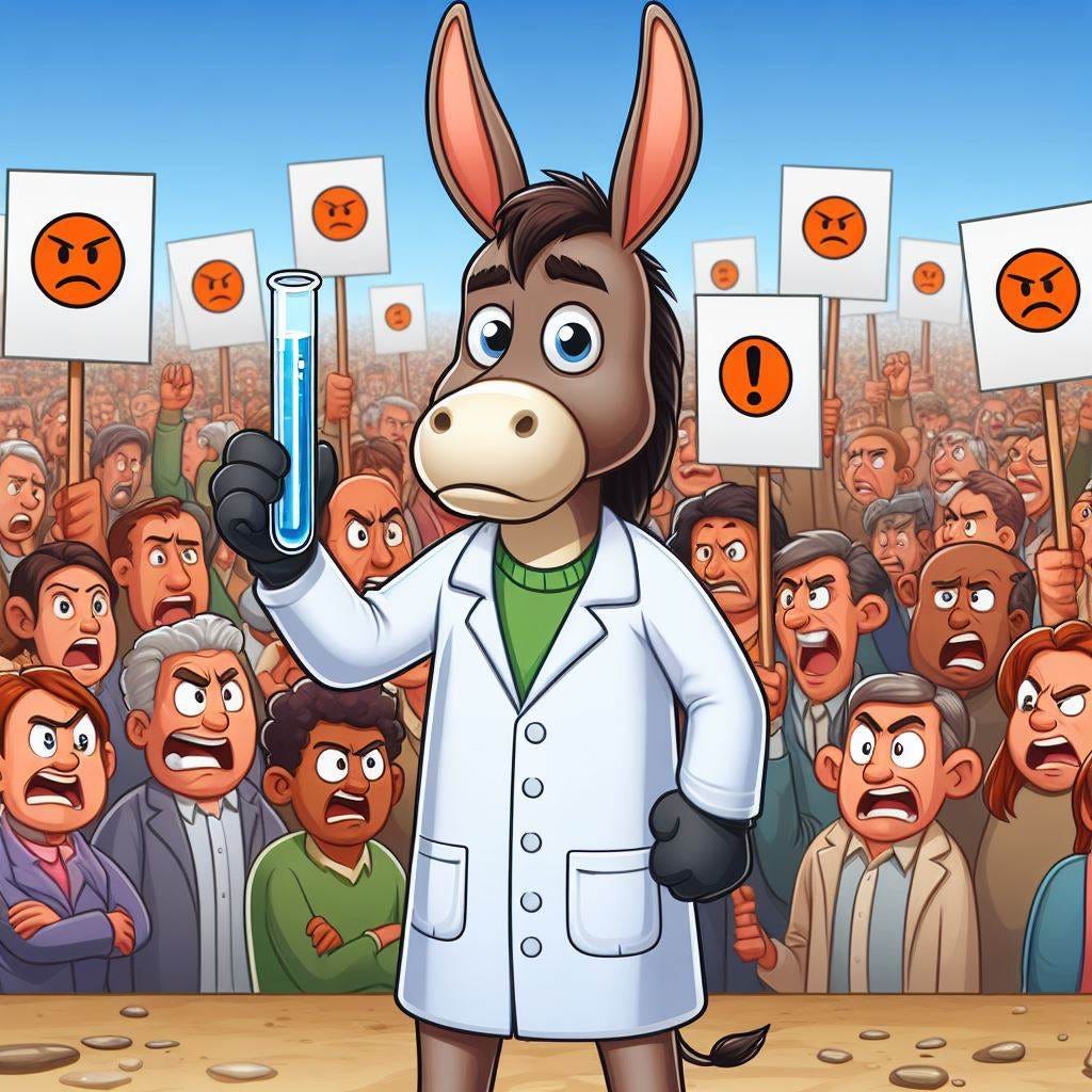 A cartoon image of a donkey in a labcoat holding a test tube in front of an angry crowd of people holding signs with simple symbols of disapproval such as exclamation marks and frowny faces. The donkey looks perplexed as to why so many people appear angry at him.