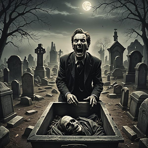 Man and Skeleton in Graveyard