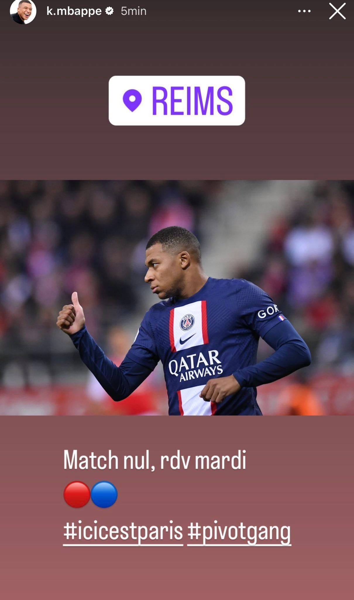 Get French Football News on Twitter: "Major controversy in France tonight  over Kylian Mbappé's now deleted Instagram story with the hashtag “pivot  gang” following PSG's 0-0 draw with Reims. Mbappé recently explained