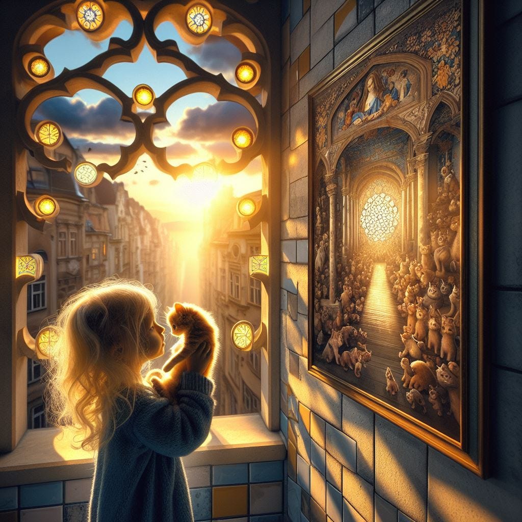 Hyper realistic;tilt shift;blond haired child holding kitten in front of “The Art of painting” by Johannes Vermeer, painting with merging Quatrefoil on wall: small painting with tan Gothic Tracery: chartreus glowing decorative tiles. painting merges into the Hundertwasserhaus, Vienna, Austria:painting partly embedded in wall. Interior warm light. sunbeams shining through. vast distance. Tilt shift. Bird flying by. Clouds overhead raining prisms of light on strings