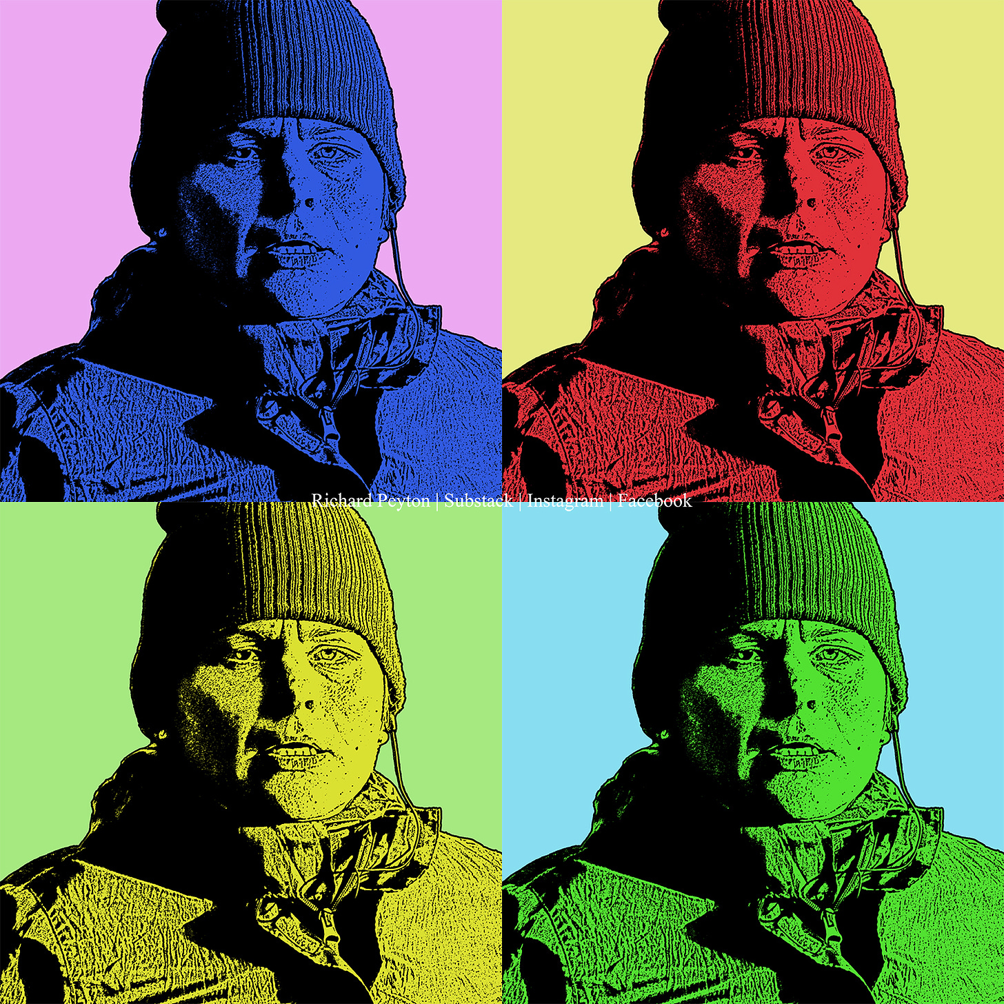 Ultrarunner Paula Wright in a 24 hour in Tralee in 2016. The picture has a headshot of her in blue, red, yellow, and green, in a kind of Andy Warhol style. The picture was taken by photographer and writer Richard Peyton.