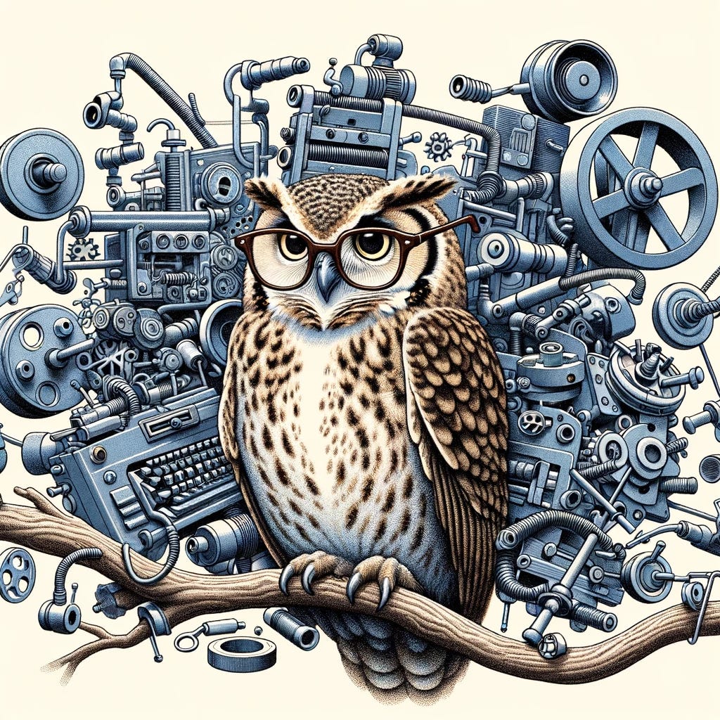 An illustration of a wise old owl wearing glasses, perched on a branch amidst a cluttered and complex machinery environment. The machinery is made up of various outdated and overcomplicated pieces of equipment, symbolizing the challenges of maintaining simplicity in a legacy system. The owl looks calm and composed, as if contemplating solutions to simplify the surrounding complexity, reflecting the article's theme on striving for simplicity in a legacy environment.