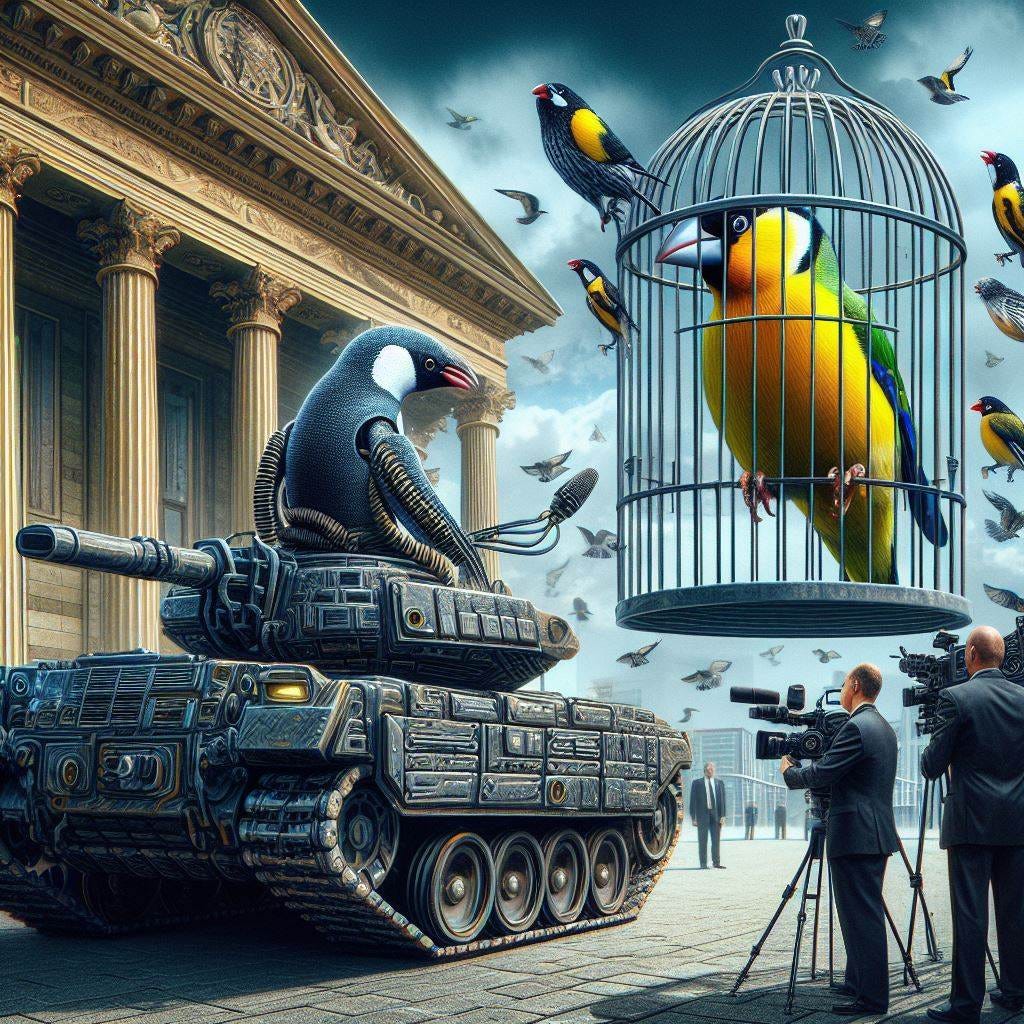 surreal Cyber Penguin on a tank rides into a courthouse and a "goldfinch bird in a cage" is being sentenced, news media watches
