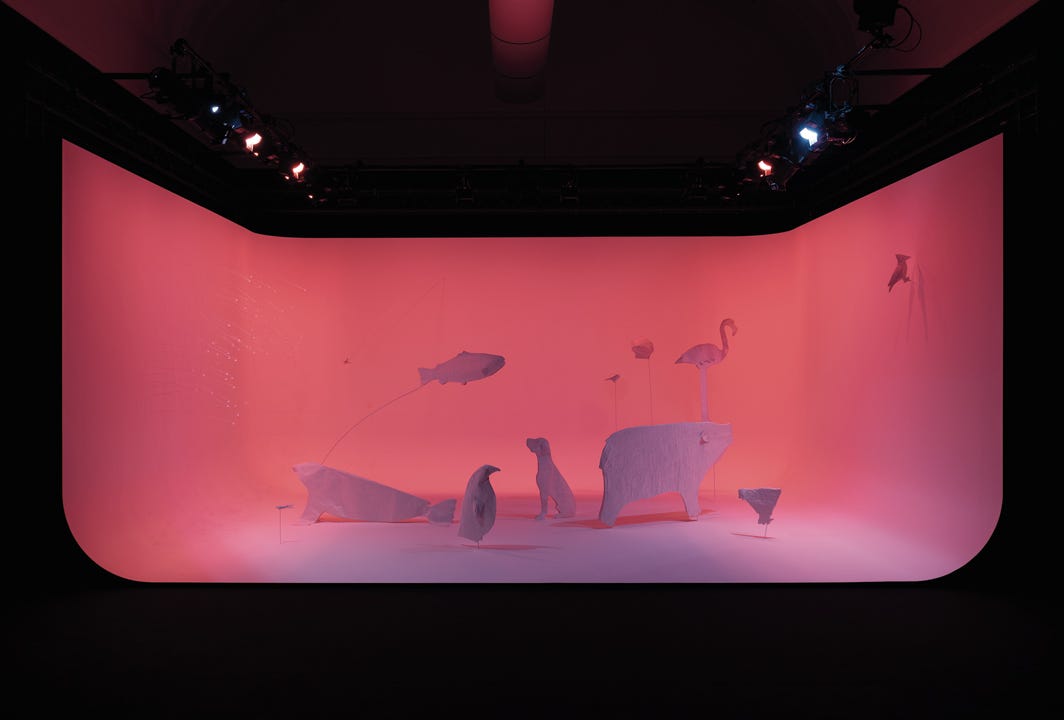Cooking Sections, Salmon: A Red Herring, 2020&#8211;21, removal of farmed salmon from the institution&#8217;s menu, cyclorama, powder-coated steel, silk, ETC ColorSource CYC lights, ETC Source Four LED Series 2 Lustr lights, sound. Installation view. Photo: Lucy Dawkins. 