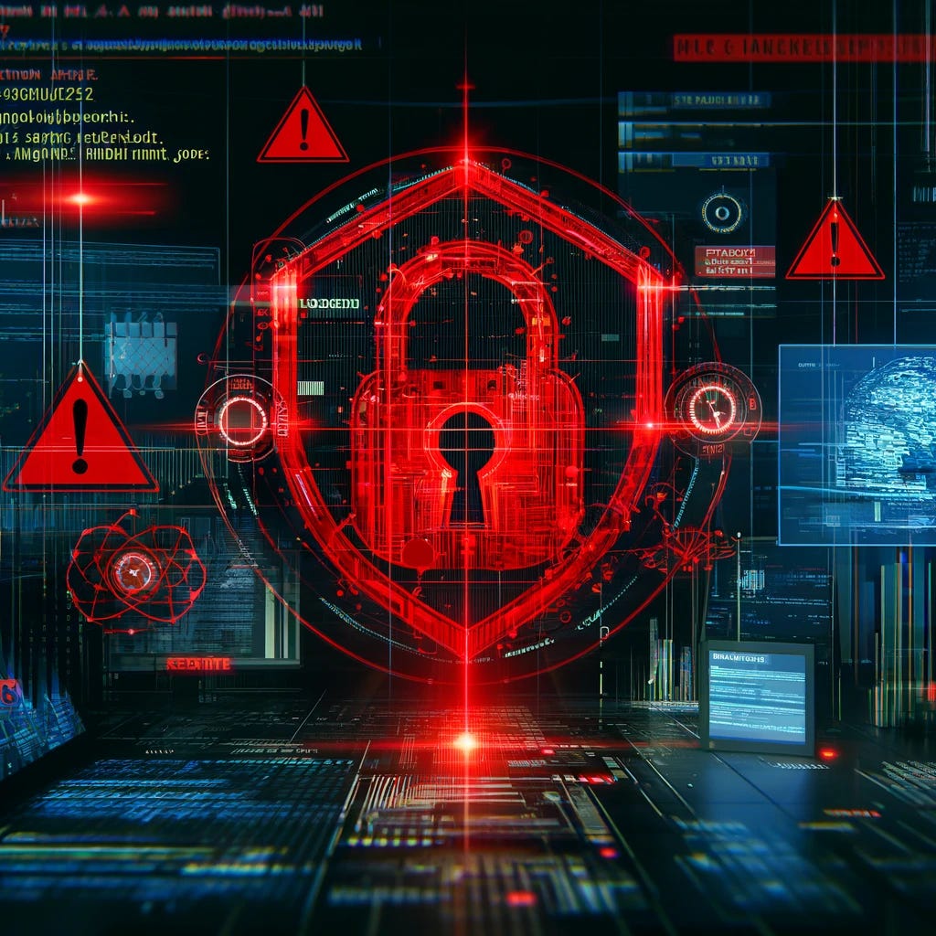The SentinelOne logo under a cyberattack. Show the logo being targeted with digital lines, code, and symbols representing the hacking attempt. Include red warning signs and glitch effects. Use a dark background, but avoid any blue or yellow tint.