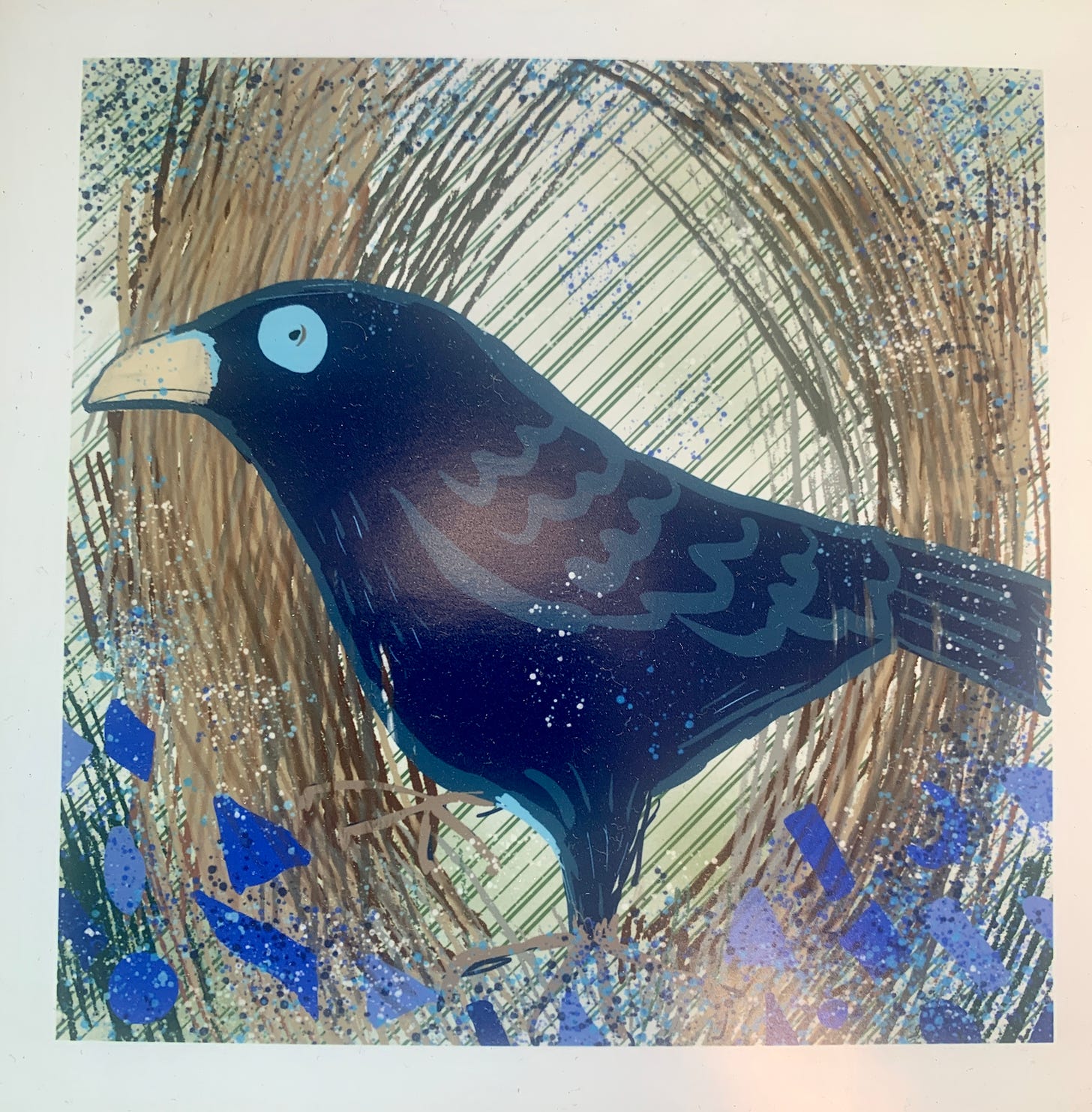 An image of the bowerbird in his bower, created by Isla Flood.