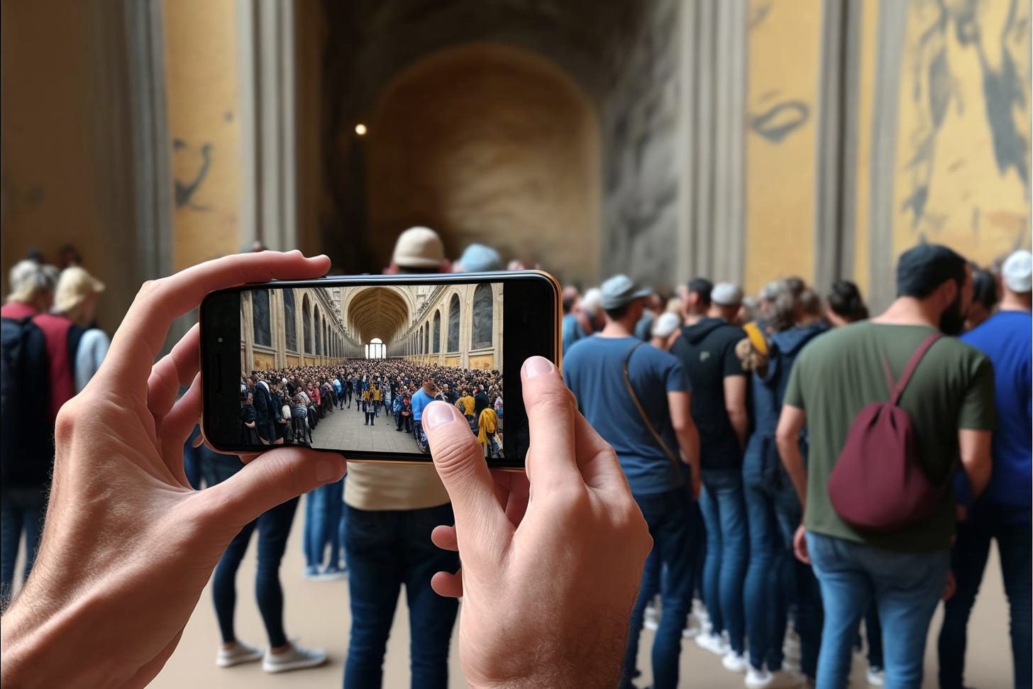 A smartphone taking a photo of a queue in a touristic place.